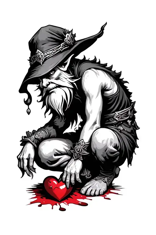 Evil Redcap Gnome Kneeling over a Bloody heart tattoo design idea