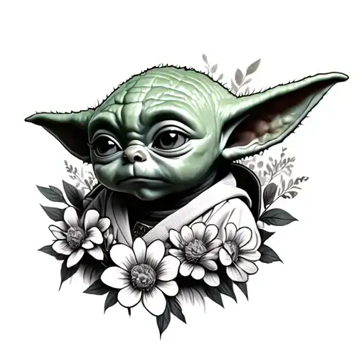 baby yoda with flowers tattoo design idea