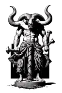 Greek Minotaur hammer in hand standing tall amidst sad tattoo design idea