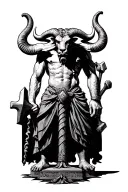 Greek Minotaur hammer in hand standing tall amidst sad tattoo design idea
