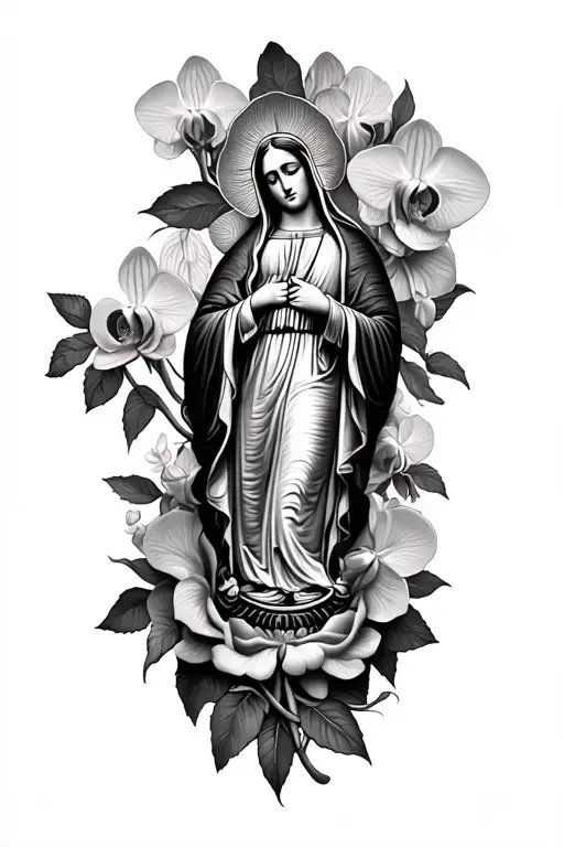 Orchid and Rose Sleeve: A black-and-gray sleeve featuring orchids transitioning into roses and Virgin of Guadalupe tattoo design idea