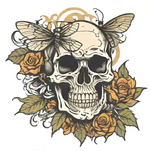 skull with dragonfly as crossbones tattoo design idea
