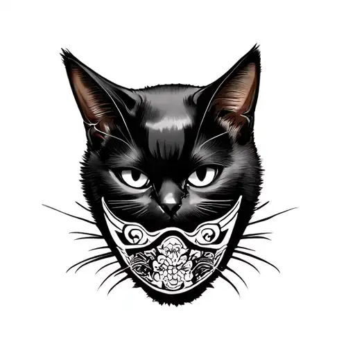 Black cat wearing a Japanese mask tattoo design idea