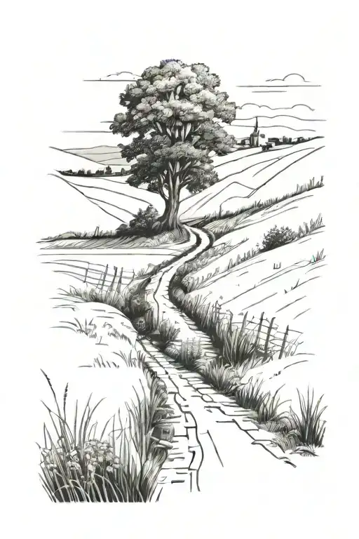 old A narrow road cuts through wild fields in the dim light of a summer evening. The scene is almost in shadow, featurin tattoo design idea