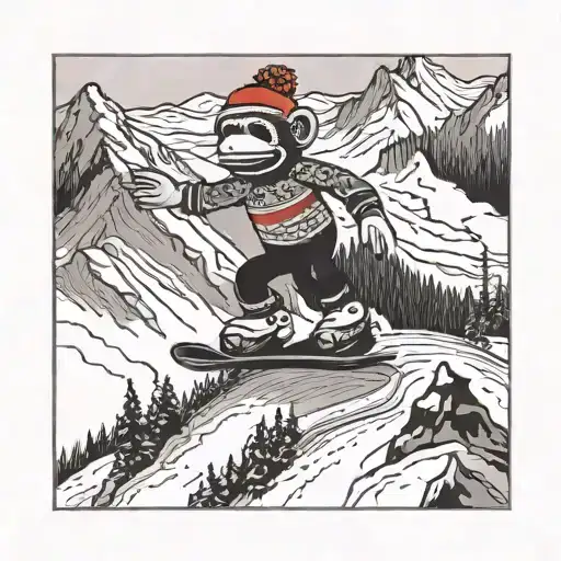 A sock monkey snowboarding down a mountain tattoo design idea