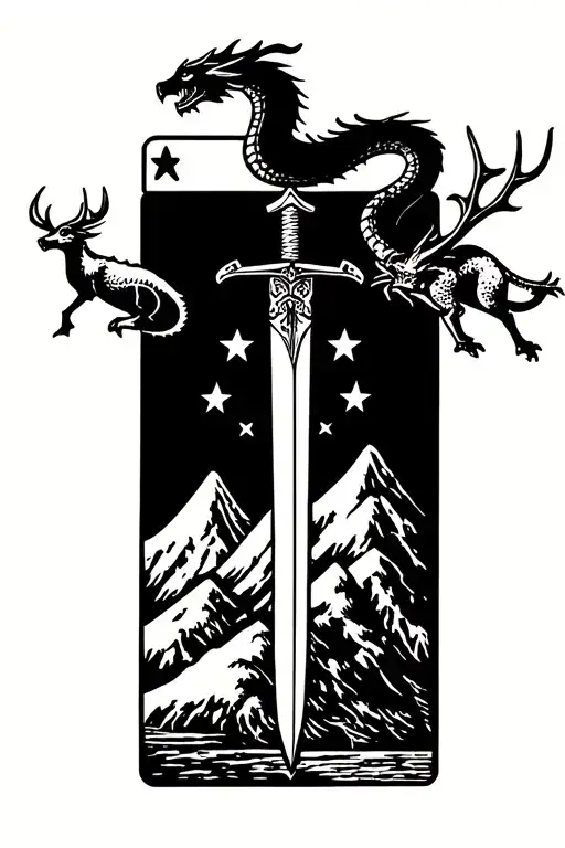 tarot card featuring dragon, a sword, a stag, and mountain with three stars above it.  tattoo design idea