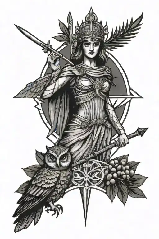 athena greek goddess with owl and olive branch and a spear or sword  tattoo design idea