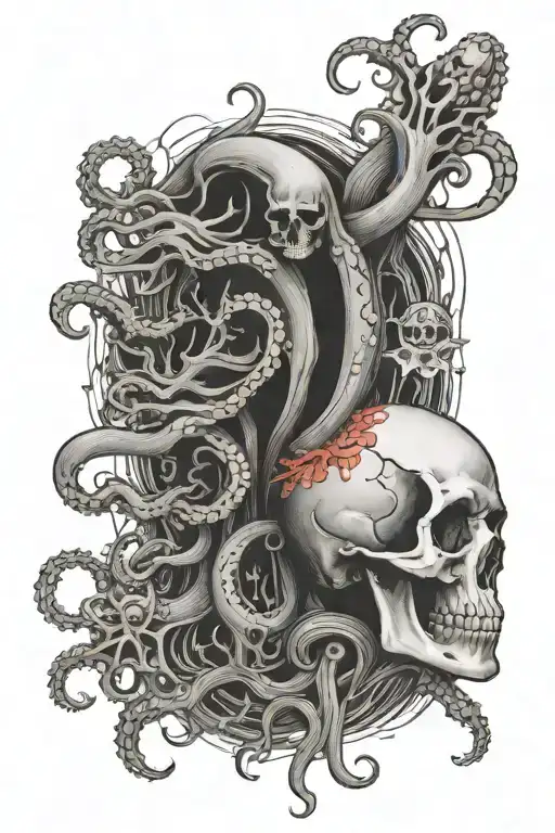 A spine tattoo as a long skinny bit of coral with little fish around it and an octopus with a human skull as the head on tattoo design idea