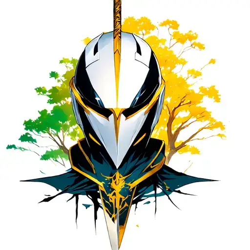 kintsugi with code geass lelouch helmet, league of legends yone sword, and trees  tattoo design idea