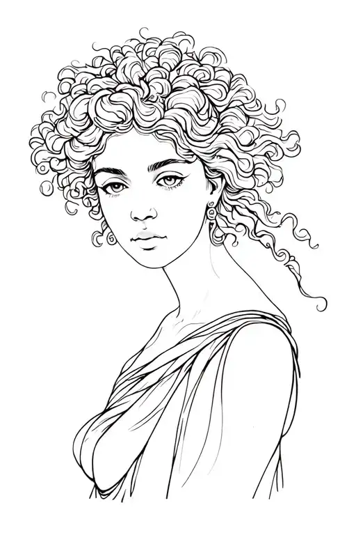 Line art, Greek goddess Calypso, black woman with curly hair  tattoo design idea