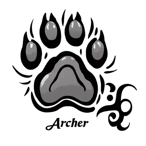 dog paw print with "Archer" wrote under the 2 middle toes in tribal theme tattoo design idea