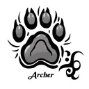 dog paw print with "Archer" wrote under the 2 middle toes in tribal theme tattoo design idea