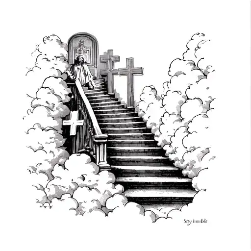God in clouds with crosses looking down the stairs that says stay humble at the bottom tattoo design idea