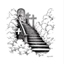 God in clouds with crosses looking down the stairs that says stay humble at the bottom tattoo design idea