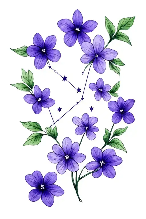 gemini constellation with violets as the stars tattoo design idea