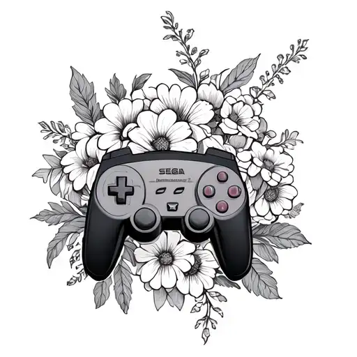 Sega genesis controller surrounded by flowers tattoo design idea