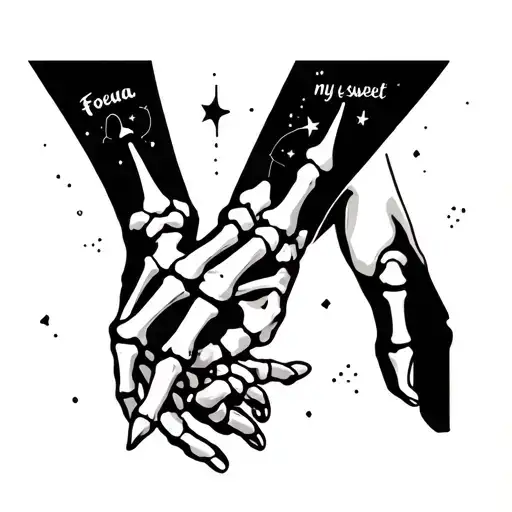 man’s skeleton hand and a woman’s human hand pinky promise. Aries and Leo zodiac constellation. "Foevaa my sweet soul" tattoo design idea