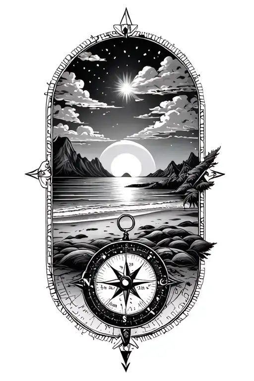 compass incorporating individual map, mountains and beach sunset tattoo design idea