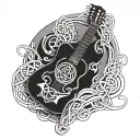 A futuristic sci-fi inspired guitar merging with a Celtic knot design, symbolizing the client's love for music and Ireland tattoo design idea
