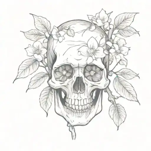 human skull with dogwood tree tattoo design idea