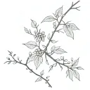 A long and narrow branch with leaves, flowers, berries and thorns tattoo design idea