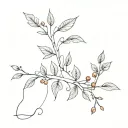 A long and narrow branch with leaves, flowers, berries and thorns tattoo design idea