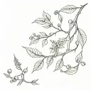 A long and narrow branch with leaves, flowers, berries and thorns tattoo design idea