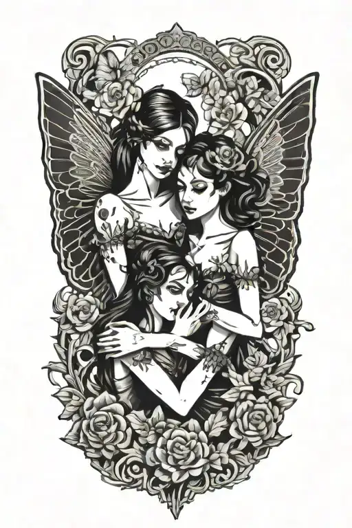 two gothic females with butterfly wings embracing tattoo design idea