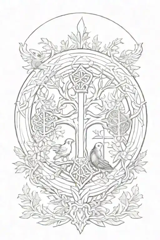 Rooker Family Crest with a celtic cross in a circle as a shield surrounded by cedar trees with  6 Crows tattoo design idea