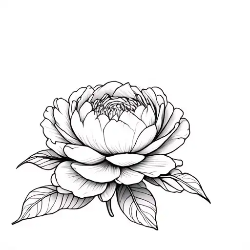 Create a black and gray tattoo design representing a large flower from the front (peony), place in the center of the tattoo design idea