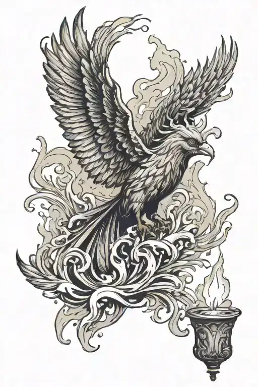 phoenix coming out a candle with smoke coming out as the phoenix comes out tattoo design idea