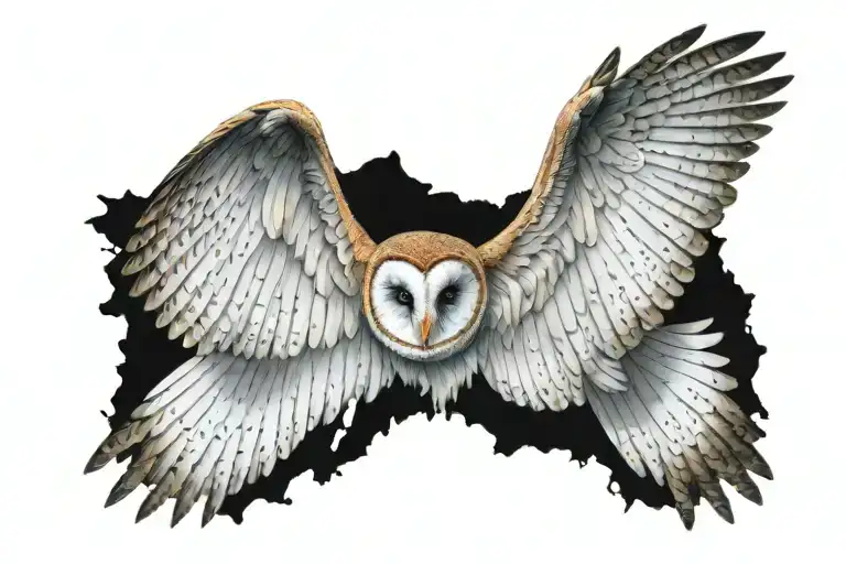 barn owl, wings spread, skull tattoo design idea