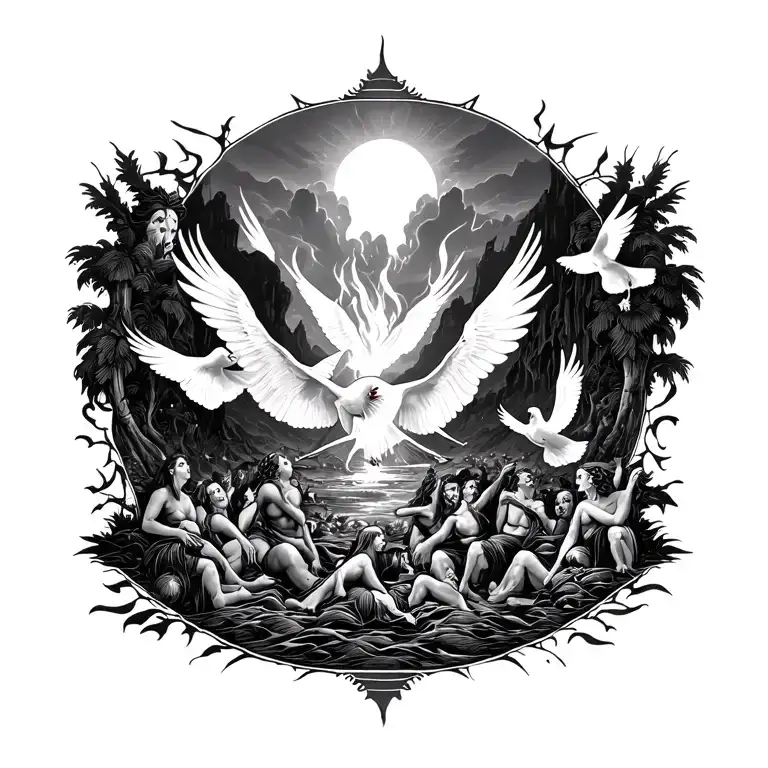 A tattoo that shows the paradise of hell, a burning hell with people who are burning and a beautiful paradise with doves tattoo design idea