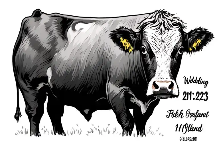 higland cow with 10/11/2023 wedding date line work  tattoo design idea