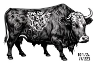 higland cow with 10/11/2023 wedding date line work  tattoo design idea