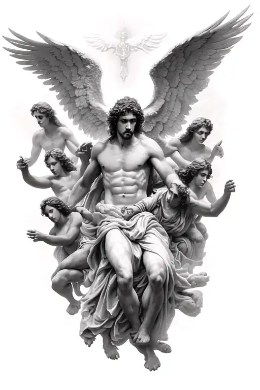 Jacob fighting the angel surrounded by biblically accurate angels. eyes with a lot of wings.  tattoo design idea