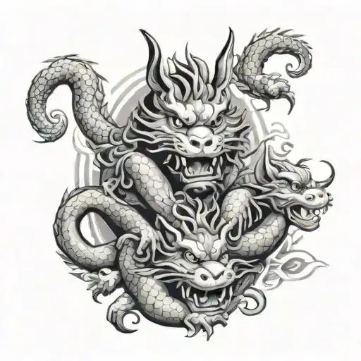 Chinese dragon, monkey, puppy and two rabbits tattoo design idea