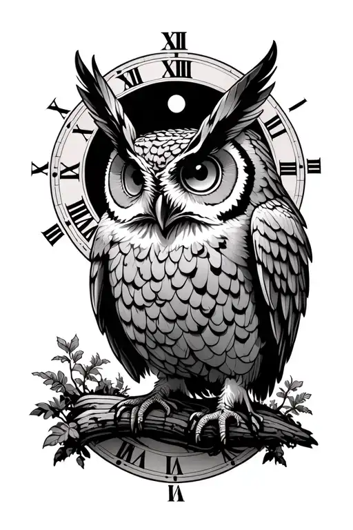 Owl with its wings open at night in the forest with Roman numerals around it like a clock with a moon. tattoo design idea
