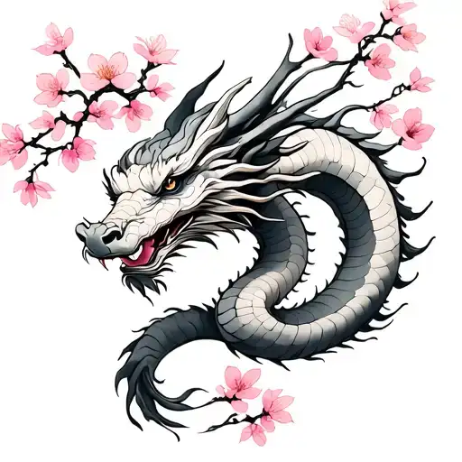 create a small light fine line tattoo with an eastern dragon with a detailed pink cherry blossoms tattoo design idea