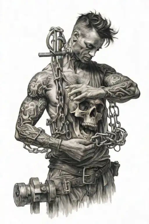 A man who dreams of distant lands has his freedom restricted by bars and shackles. tattoo design idea