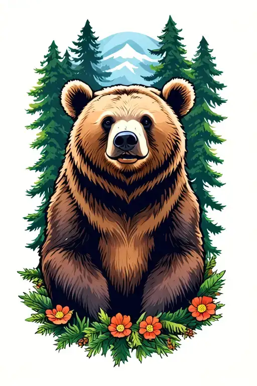 bear surrounded by forest scene tattoo design idea