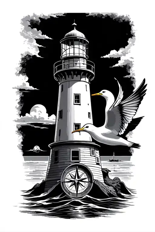 lighthouse with seagull and nautical compass tattoo design idea