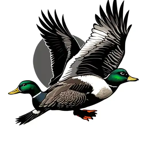 timberwol howling at moon with a male mallard duck flying tattoo design idea