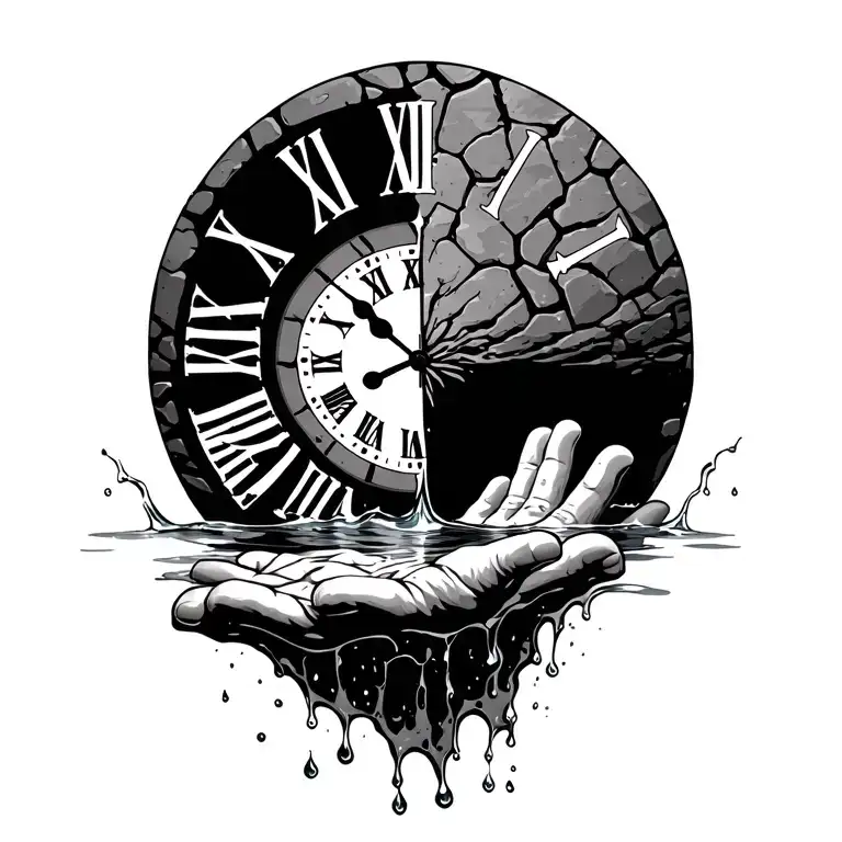 cracking stone clock time 8:26, body of water bottom half, water overflowing into baptismal hands underneath  tattoo design idea