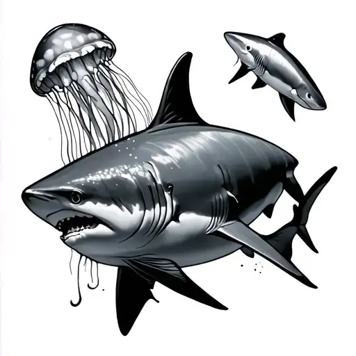 top left, long stringed jelly fish, next to it: bora bora mountain, bottom, black tip reef shark, swimming through lines tattoo design idea