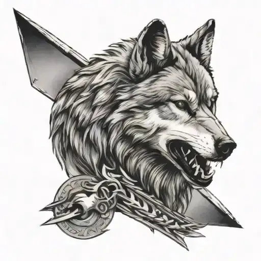 Wolf wounded by an arrow and a big wolf behind growling tattoo design idea