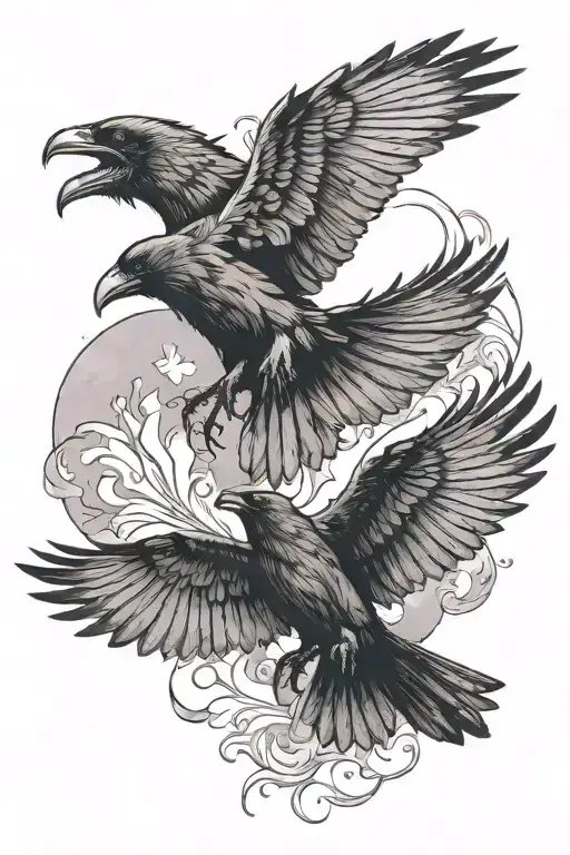 2 flying ravens flying away tattoo design idea
