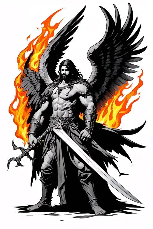 sideway dark warrier with big wings archange michael with flames and sword tattoo design idea