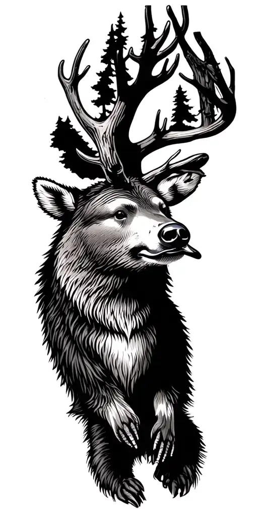 black bear duck oak trees deer tattoo design idea