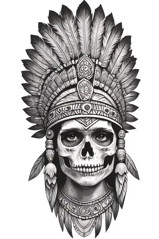 aztec warrior girl skeletal face with an Aztec-inspired headdress, blending death and warrior symbolism feathers tattoo design idea